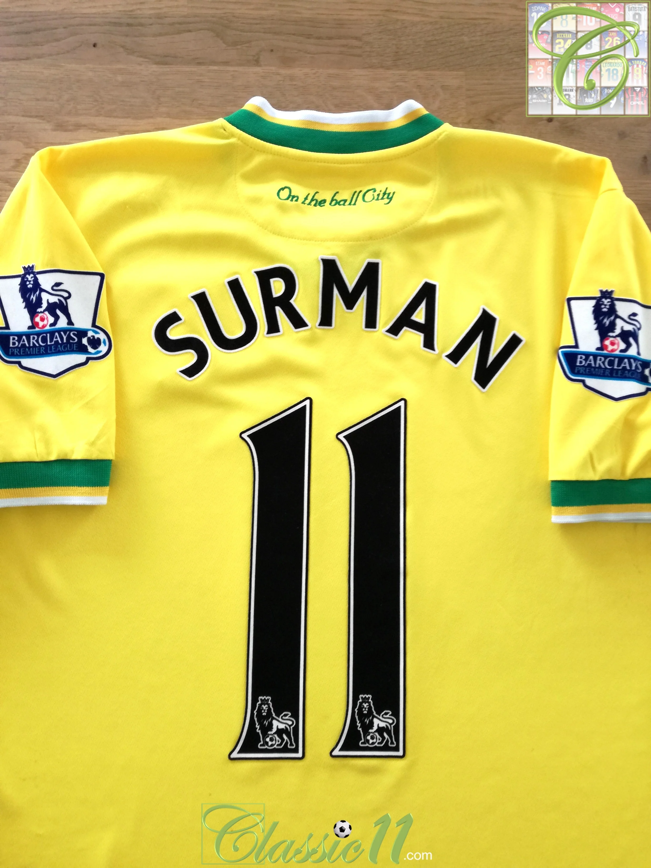 2011/12 Norwich City Home Premier League Match Worn (vs Man City) Football Shirt Surman #11 (L)
